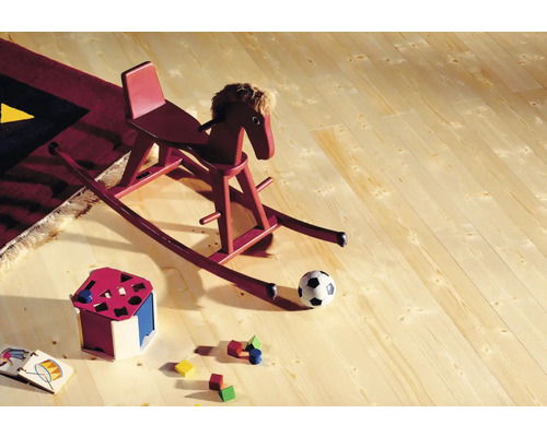 Plancher en bois avec des jouets, dont un cheval à bascule, un ballon et un trieur de formes.
