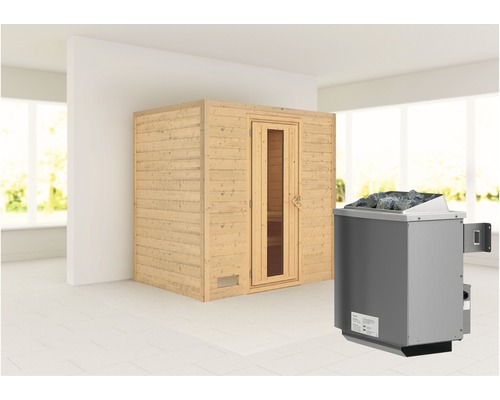 Sauna en bois massif Karibu Sonja avec poêle 9 kW et commande intégrée sans couronne avec porte en bois et verre à isolation thermique