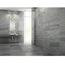 Salle de bain moderne avec carrelage gris, douche avec paroi en verre et lavabo avec miroir