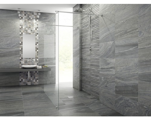 Salle de bain moderne avec carrelage gris, douche avec paroi en verre et lavabo avec miroir