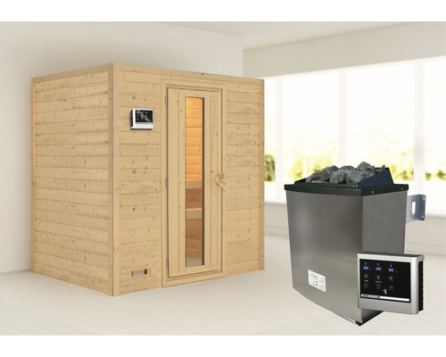 Sauna en bois massif Karibu Sonja avec poêle 9 kW et commande externe sans couronne avec porte en bois et verre à isolation thermique