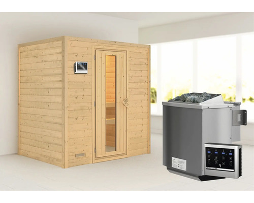 Sauna en madriers Karibu Sonja avec poêle bio 9 kW et commande ext. sans couronne avec porte en bois et verre à isolation thermique