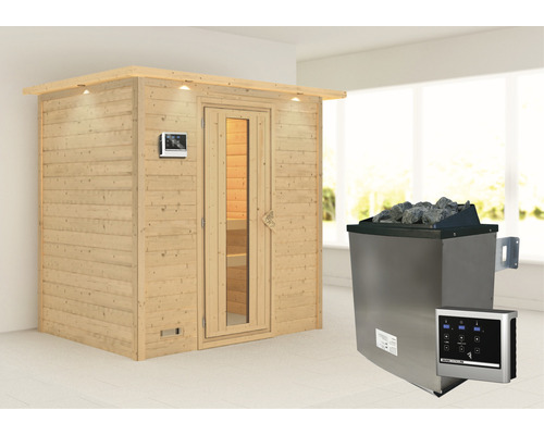 Sauna en bois massif Karibu Sonja avec poêle 9 kW et commande externe avec couronne et porte en bois avec verre à isolation thermique