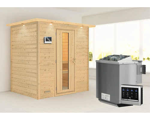 Sauna en bois massif Karibu Sonja avec poêle bio 9 kW et commande externe avec couronne et porte en bois avec verre à isolation thermique