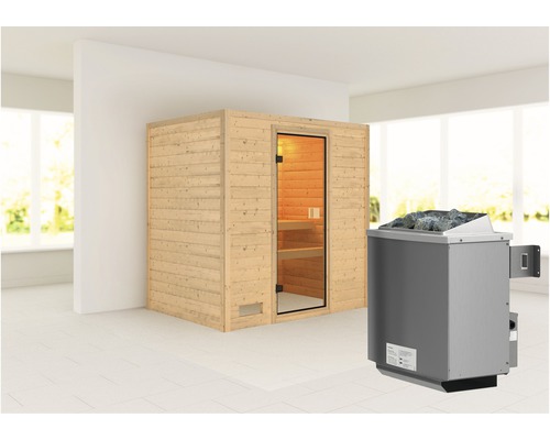 Sauna en bois massif Karibu Sonja avec poêle 9 kW et commande intégrée sans couronne avec porte entièrement vitrée couleur bronze