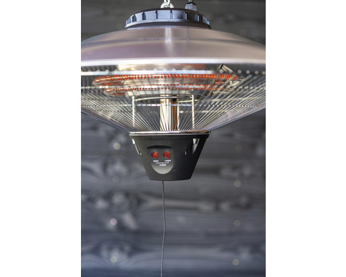 Hängender Heizstrahler für den Außenbereich mit Heizspiralen und Bedienelementen.