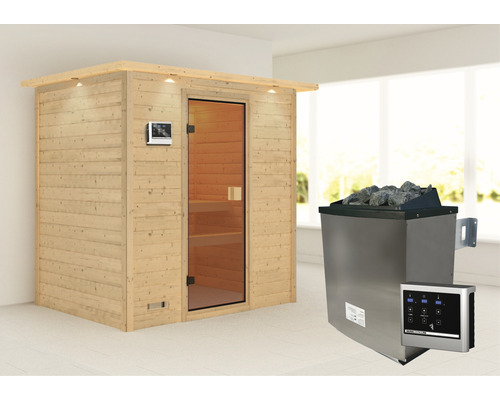 Sauna en bois massif Karibu Sonja avec poêle 9 kW et commande externe avec couronne et porte entièrement vitrée couleur bronze