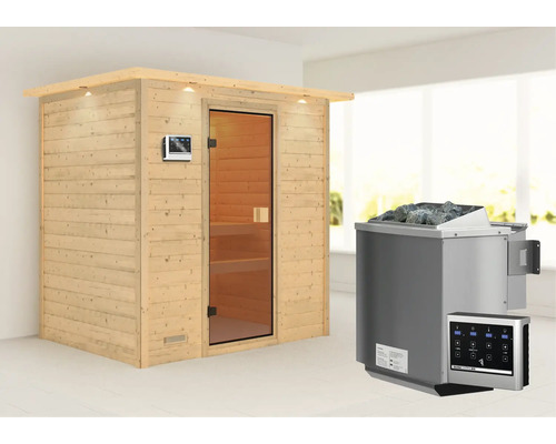 Sauna en bois massif Karibu Sonja avec poêle bio 9 kW et commande externe avec couronne et porte entièrement vitrée couleur bronze