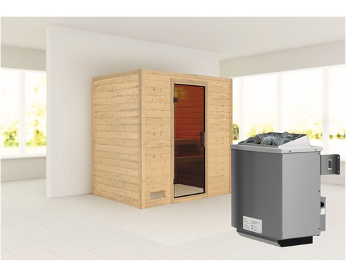 Sauna en bois massif Karibu Sonja avec poêle 9 kW et commande intégrée sans couronne avec porte entièrement vitrée couleur graphite