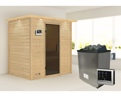 Sauna en bois massif Karibu Sonja avec poêle 9 kW et commande externe avec couronne et porte entièrement vitrée couleur graphite