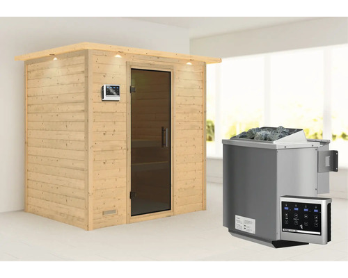 Sauna en bois massif Karibu Sonja avec poêle bio 9 kW et commande externe avec couronne et porte entièrement vitrée couleur graphite