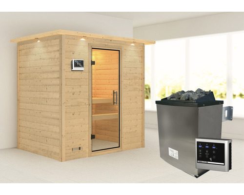 Sauna en bois massif Karibu Sonja avec poêle 9 kW et commande externe avec couronne et porte entièrement vitrée en verre transparent