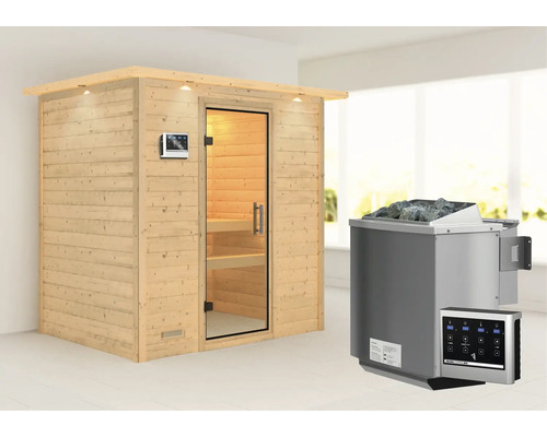 Sauna en bois massif Karibu Sonja avec poêle bio 9 kW et commande externe avec couronne et porte entièrement vitrée en verre transparent