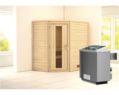 Sauna en madriers Karibu Svea avec poêle 9 kW et commande intégrée sans couronne avec porte en bois et verre à isolation thermique