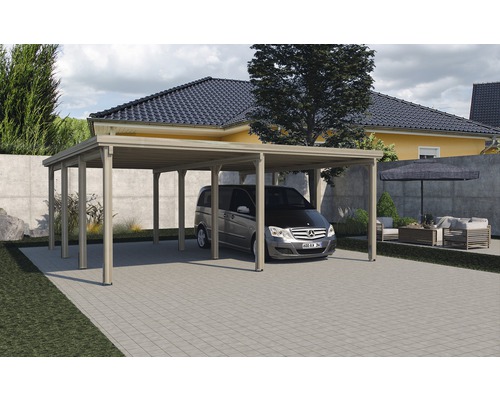 Place de parking couverte avec véhicule devant une maison d''habitation