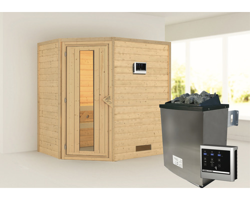 Sauna en bois massif Karibu Svea avec poêle 9 kW et commande externe sans couronne avec porte en bois et verre à isolation thermique