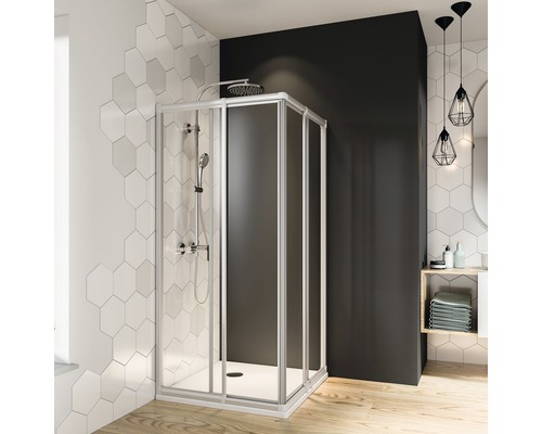 Douche accès d'angle avec porte coulissante en 4 éléments Breuer Fara 4 80-90 cm hauteur 175 cm en verre transparent profilé couleur argent mat