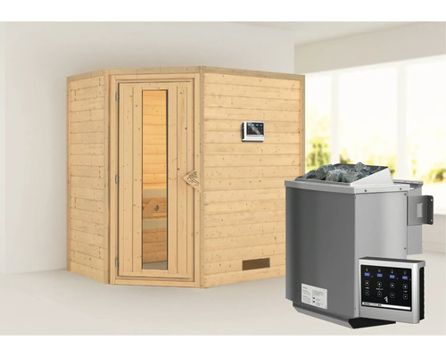 Sauna en bois massif Karibu Svea avec poêle bio 9 kW et commande externe sans couronne avec porte en bois et verre à isolation thermique