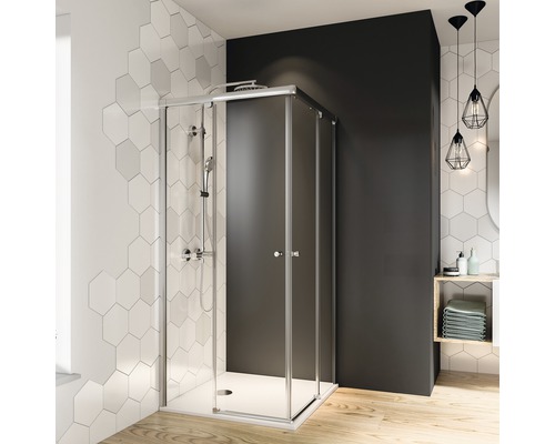 Douche accès d'angle avec porte coulissante Breuer Fara 6 90x90 cm verre transparent profilé couleur chrome