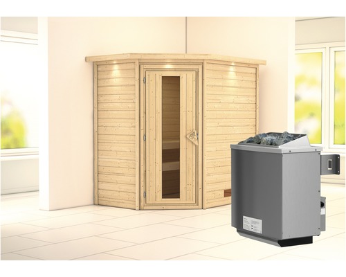 Sauna en madriers Karibu Svea avec poêle 9 kW et commande intégrée avec couronne et porte en bois avec verre à isolation thermique