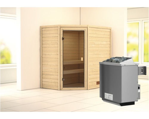 Sauna en madriers Karibu Svea avec poêle 9 kW et commande intégrée sans couronne avec porte entièrement vitrée couleur bronze