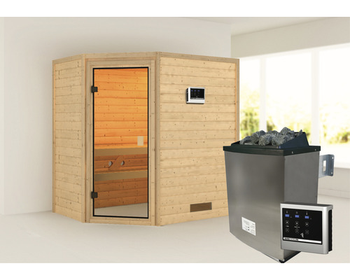 Sauna en bois massif Karibu Svea avec poêle 9 kW et commande externe sans couronne avec porte entièrement vitrée couleur bronze