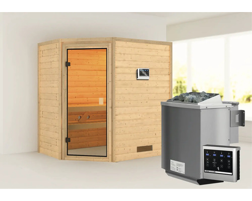 Sauna en bois massif Karibu Svea avec poêle bio 9 kW et commande externe sans couronne avec porte entièrement vitrée couleur bronze