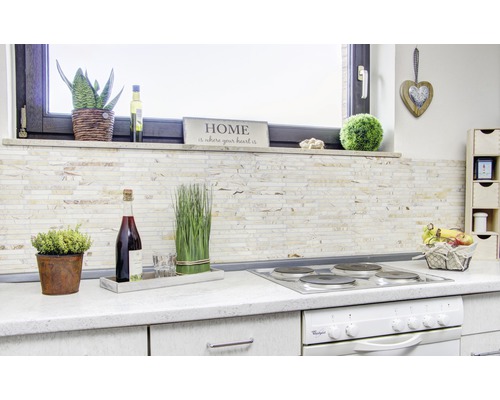 Scène de cuisine avec des carreaux de mosaïque, des décorations, une plaque de cuisson et un four