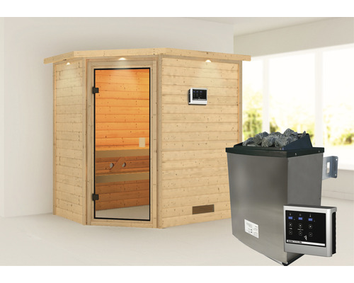 Sauna en bois massif Karibu Svea avec poêle 9 kW et commande externe avec couronne et porte entièrement vitrée couleur bronze