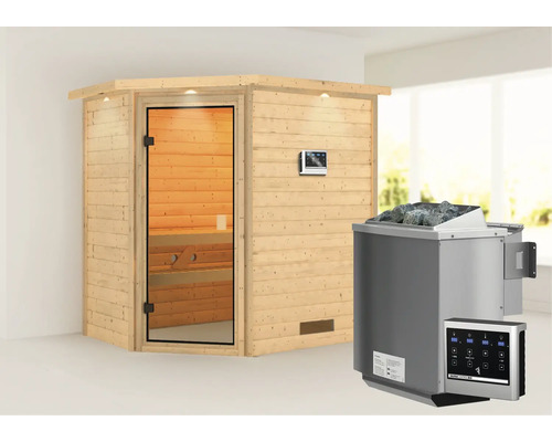 Sauna en bois massif Karibu Svea avec poêle bio 9 kW et commande externe avec couronne et porte entièrement vitrée couleur bronze