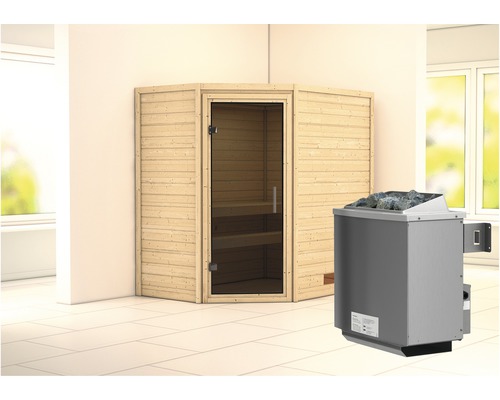 Sauna en madriers Karibu Svea avec poêle 9 kW et commande intégrée sans couronne avec porte entièrement vitrée couleur graphite