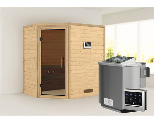 Sauna en bois massif Karibu Svea avec poêle bio 9 kW et commande externe sans couronne avec porte entièrement vitrée couleur graphite