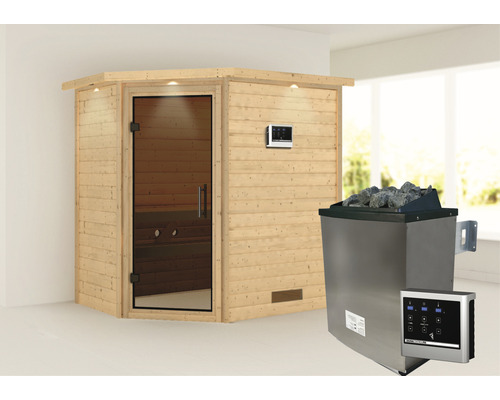 Sauna en bois massif Karibu Svea avec poêle 9 kW et commande externe avec couronne et porte entièrement vitrée couleur graphite