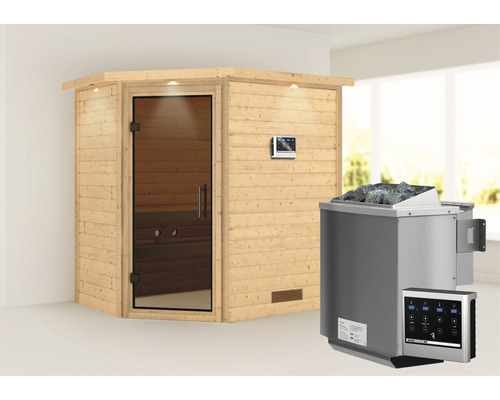 Sauna en bois massif Karibu Svea avec poêle bio 9 kW et commande externe avec couronne et porte entièrement vitrée couleur graphite