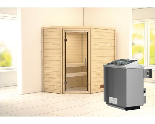 Sauna en madriers Karibu Svea avec poêle 9 kW et commande intégrée sans couronne avec porte entièrement vitrée en verre transparent