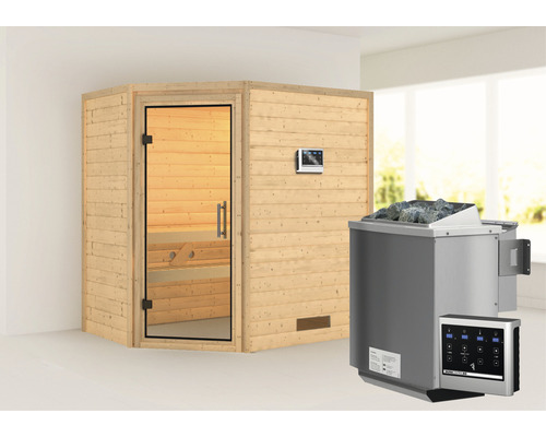 Sauna en bois massif Karibu Svea avec poêle bio 9 kW et commande externe sans couronne avec porte entièrement vitrée en verre transparent