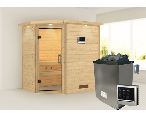 Sauna en bois massif Karibu Svea avec poêle 9 kW et commande externe avec couronne et porte entièrement vitrée en verre transparent