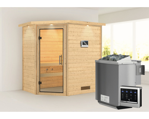 Sauna en bois massif Karibu Svea avec poêle bio 9 kW et commande externe avec couronne et porte entièrement vitrée en verre transparent