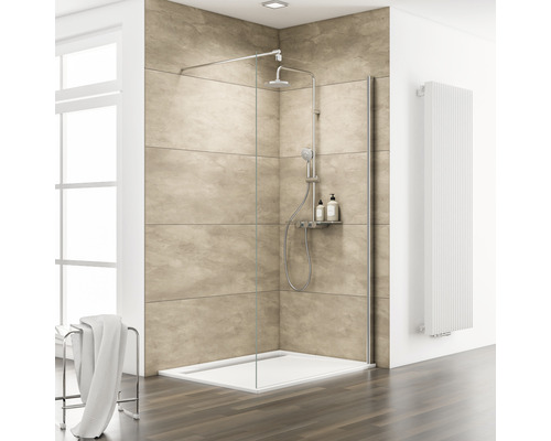 Walk In M8 SCHULTE MasterClass ExpressPlus 140 cm Profil chrom Klarglas schmutzabweisende Glasbeschichtung Duschkabine mit Duschwanne, Armatur und Handtuchwärmer in hellem Badezimmer