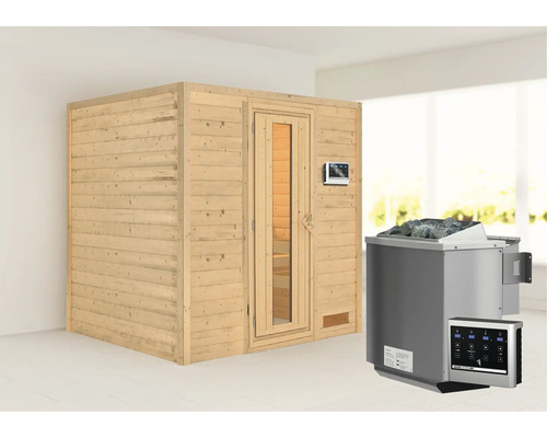 Sauna en madriers Karibu Anja avec poêle bio 9 kW et commande ext. sans couronne avec porte en bois et verre à isolation thermique