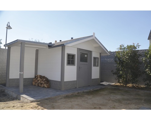 Abri de jardin avec annexe et espace de stockage du bois
