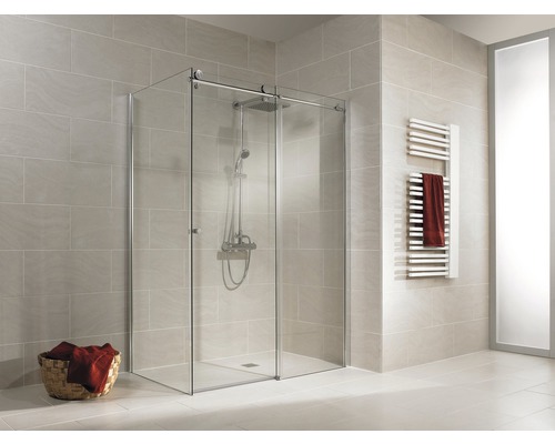 Porte de douche avec paroi latérale avec porte coulissante SCHULTE MasterClass ExpressPlus 90 x 140 cm couleur du profilé chrome décor de vitre verre transparent avec verre antitache butée de porte à droite butée de paroi latérale à gauche Porte de douche avec paroi latérale avec porte coulissante SCHULTE MasterClass ExpressPlus 90 x 140 cm couleur du profilé chrome décor de vitre verre transparent avec verre antitache butée de porte à droite butée de paroi latérale à gauche