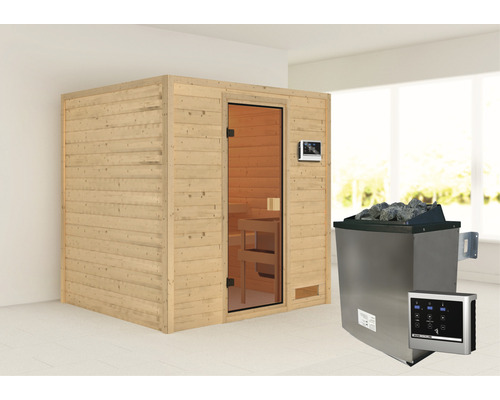 Sauna en madriers Karibu Anja avec poêle 9 kW et commande ext. sans couronne avec porte entièrement vitrée couleur bronze
