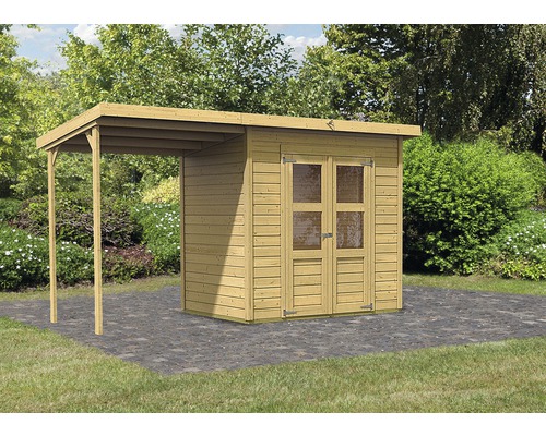 Gartenhaus mit Anbau aus Holz im Garten