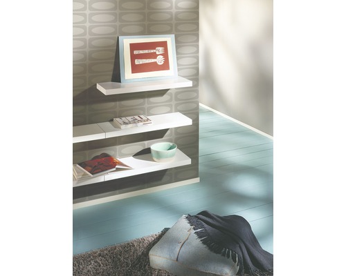 Pièce lumineuse avec étagères murales, décorations, coussin et tapis