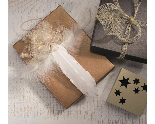 Boîtes cadeaux décoratives avec rubans et plumes