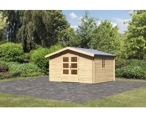 Chalet de jardin en madriers Karibu Meldorf 5 404 x 320 cm naturel Abri de jardin en bois avec double porte et fenêtre dans le jardin