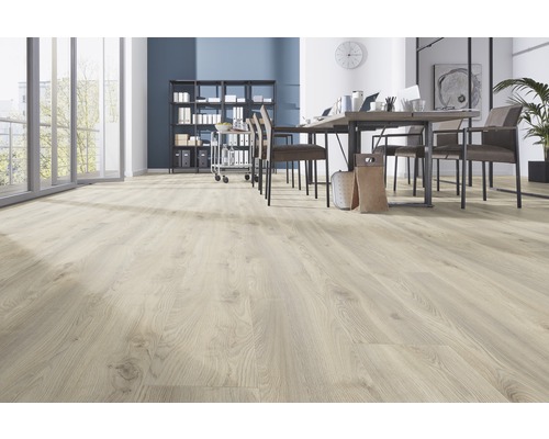 Helles, modernes Büro mit Laminatboden in Holzoptik, Schreibtisch und Regalen