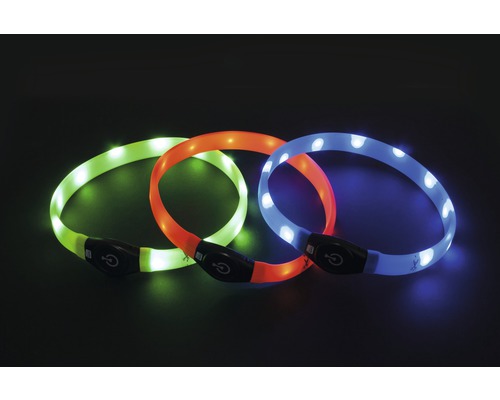Drei LED Halsbänder für Hunde in Grün, Orange und Blau
