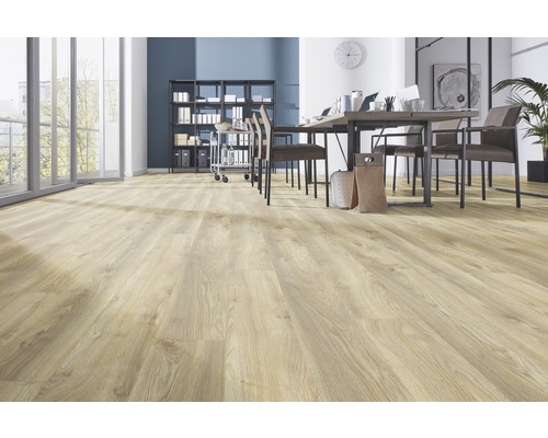 Heller Büroraum mit hellem Holzboden, Schreibtisch und Regalen